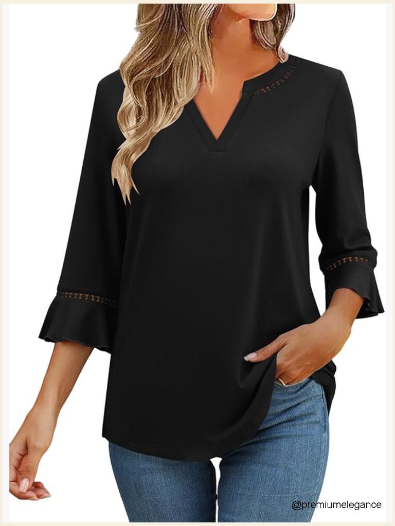 3/4 Sleeve Ruffle Blouse V-Neck Lace Tunic Dressy Casual Top